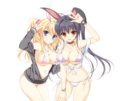 Rule 34 | 2girls, :q, absurdres, ahoge, alternate costume, alternate hairstyle, animal ears, arisue tsukasa, arm up, bare shoulders, bikini, black cardigan, black choker, black wrist cuffs, blonde hair, blue eyes, blush, breast press, breasts, brown eyes, cameltoe, cardigan, choker, closed mouth, collarbone, covered erect nipples, cowboy shot, crown print, curvy, ear piercing, eyelashes, eyes visible through hair, fake animal ears, fingernails, floating hair, frown, gluteal fold, groin, hair between eyes, hair intakes, hair ornament, hair scrunchie, halterneck, hand on own thigh, heart, heart necklace, highres, huge ahoge, jewelry, jougasaki ayaka, kin-iro loveriche, kisaki reina, large breasts, long hair, looking at viewer, medium breasts, midriff, multiple girls, navel, necklace, official art, open cardigan, open clothes, open mouth, piercing, pink scrunchie, purple bikini, rabbit hair ornament, ringed eyes, scrunchie, shiny skin, shy, side-tie bikini bottom, side ponytail, sidelocks, simple background, single bare shoulder, sleeves past wrists, smile, stomach, swimsuit, symmetrical docking, thighs, tongue, tongue out, toranosuke, twintails, v, v over head, very long hair, w, white background, wrist cuffs