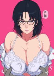 Rule 34 | 1girl, black hair, bra, breast poke, breasts, glasses, grabbing, grabbing another&#039;s breast, large breasts, looking at viewer, medium hair, mikoyan, mole, nipple press, nipple stimulation, open clothes, open shirt, original, poking, pov, speech bubble, translation request, underwear