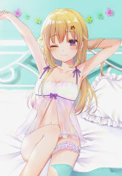 Rule 34 | 1girl, arm behind back, arm up, bear hair ornament, bed, blonde hair, blush, breasts, brown eyes, cleavage, collarbone, frilled pillow, frills, hair ornament, highres, indoors, lingerie, long hair, navel, negligee, one eye closed, original, pillow, shiny skin, sitting, small breasts, solo, stretching, thigh strap, underwear, very long hair, yushima
