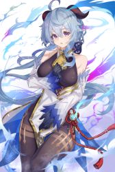 Rule 34 | 1girl, ahoge, bare shoulders, bell, black gloves, blue hair, blush, breasts, brown pantyhose, chinese knot, covering privates, covering crotch, cowboy shot, detached sleeves, esuma gt, flower knot, ganyu (genshin impact), genshin impact, gloves, gold trim, hand on own chest, highres, horns, legs together, long hair, looking at viewer, low ponytail, medium breasts, neck bell, pantyhose, purple eyes, sidelocks, solo, standing, tassel, thighlet, thighs, vision (genshin impact), waist cape, white sleeves