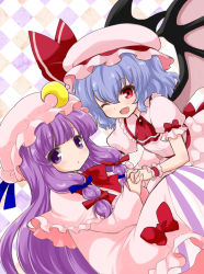 Rule 34 | 2girls, :o, ascot, bat wings, blouse, blue hair, blunt bangs, brooch, capelet, checkered background, commentary request, crescent, crescent hair ornament, double bun, dress, dutch angle, fang, hair between eyes, hair bun, hair ornament, hair ribbon, hat, hat ribbon, holding hands, interlocked fingers, jewelry, long hair, looking at viewer, mob cap, multiple girls, one eye closed, open mouth, partial commentary, patchouli knowledge, pink capelet, pink headwear, pink robe, pink shirt, pink skirt, puffy short sleeves, puffy sleeves, purple hair, red ascot, red eyes, remilia scarlet, ribbon, rikaon, robe, shirt, short hair, short sleeves, sidelocks, sitting, skirt, skirt set, striped clothes, striped dress, touhou, tress ribbon, vertical-striped clothes, vertical-striped dress, very long hair, wings, wrist cuffs