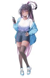 Rule 34 | 1girl, absurdres, ahoge, aqua nails, black choker, blue archive, blue cardigan, blue footwear, blue shorts, brown thighhighs, cardigan, choker, colored inner hair, contrapposto, crossed bangs, dark skin, denim, denim shorts, expressionless, full body, hair between eyes, hair intakes, halo, hand on own hip, high-waist shorts, highres, holding, holding phone, karin (blue archive), long hair, looking at viewer, multicolored hair, noa (noa01010), open cardigan, open clothes, phone, ponytail, purple hair, purple halo, shirt, shirt tucked in, shoes, shorts, sidelocks, simple background, single off shoulder, sneakers, tachi-e, thighhighs, two-tone footwear, two-tone hair, very long hair, white background, white footwear, white shirt, yellow eyes