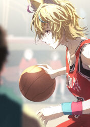 Rule 34 | 1girl, ahoge, alternate costume, animal ears, ball, basketball, basketball (object), basketball uniform, black hair, blonde hair, blue hair, blurry, blurry background, blurry foreground, collarbone, commentary, fox ears, fox girl, from side, highres, holding, holding ball, hololive, indoors, looking to the side, multicolored hair, official alternate hair length, official alternate hairstyle, omaru polka, parted lips, people, pink hair, playing sports, profile, purple eyes, solo focus, sportswear, streaked hair, sweat, sweatband, very sweaty, virtual youtuber, wristband, yami ara