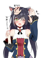 Rule 34 | 1girl, absurdres, animal ear fluff, animal ears, arm up, bare shoulders, black hair, black sleeves, blush, cat ears, check translation, detached sleeves, disembodied hand, green eyes, grey hair, hair between eyes, hand up, headpat, highres, karyl (princess connect!), long hair, long sleeves, low twintails, multicolored hair, one eye closed, open mouth, piripun, princess connect!, purple skirt, shirt, simple background, skirt, sleeveless, sleeveless shirt, solo focus, streaked hair, tears, translation request, twintails, upper body, very long hair, white background, white shirt, wide sleeves