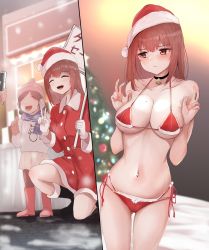 Rule 34 | 2girls, ^ ^, bell, bikini, black choker, breasts, child, choker, christmas, christmas ornaments, christmas tree, cleavage, closed eyes, closed mouth, collarbone, double v, double w, embarrassed, hands up, hat, highres, holding, holding sign, jingle bell, large breasts, long hair, looking to the side, multiple girls, multiple views, navel, neck bell, on one knee, original, red eyes, red hair, santa bikini, santa costume, santa hat, side-tie bikini bottom, sign, standing, straight hair, strap gap, swimsuit, take (trude1945oneetyan), taking picture, v, w