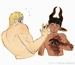 Rule 34 | 2boys, animal ears, animal hands, black hair, blonde hair, blue eyes, brown fur, brown horns, chinese commentary, claws, commentary request, completely nude, cropped torso, dark-skinned male, dark skin, dungeon meshi, flying sweatdrops, goat boy, goat ears, goat horns, hand up, highres, horns, kabru, laios touden, looking at another, male focus, mingdamitang, monster boy, monsterification, multiple boys, nude, parted lips, short hair, simple background, sweat, very short hair, white background
