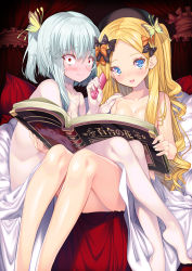 Rule 34 | 2girls, abigail williams (fate), absurdres, alternate hairstyle, blonde hair, blue eyes, blush, book, bow, breasts, brown bow, bug, butterfly, butterfly hair ornament, cleavage, closed mouth, collarbone, comb, commentary request, fate/grand order, fate (series), grey hair, hair ornament, hand on another&#039;s shoulder, hat, highres, holding, holding book, insect, lavinia whateley (fate), long hair, looking at viewer, multiple girls, nude, open book, orange bow, pale skin, parted bangs, red eyes, short hair, side ponytail, single sidelock, sitting, small breasts, tonchan, wavy hair, wavy mouth, yuri