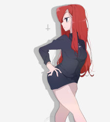 Rule 34 | 1girl, cowboy shot, cross, cross necklace, grey background, hair over one eye, half-closed eyes, hand on own hip, iii (artist), jewelry, necklace, parasoul (skullgirls), red hair, skullgirls, solo, sweater, turtleneck, turtleneck sweater