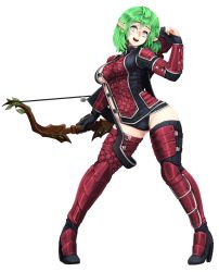 Rule 34 | 1girl, :d, armor, arrow (projectile), asymmetrical clothes, barbariank, black gloves, bow (weapon), ear piercing, elf, full body, gloves, greaves, green hair, head tilt, high heels, leaf, leg belt, looking at viewer, no bra, open mouth, original, partially fingerless gloves, piercing, pigeon-toed, pointy ears, quiver, short hair, side slit, grey eyes, smile, solo, thighhighs, transparent background, vambraces, weapon