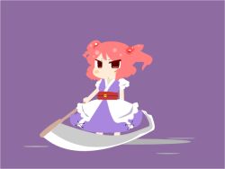 Rule 34 | 1girl, chibi, female focus, flat color, full body, hair bobbles, hair ornament, inishie, obi, onozuka komachi, pink hair, red eyes, red hair, sash, scythe, simple background, solo, standing, touhou, twintails, two side up