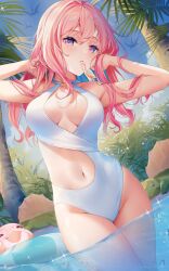 Rule 34 | 1girl, bare shoulders, blue sky, breasts, commentary, day, dutch angle, groin, hands in hair, highres, large breasts, long hair, looking at viewer, mouth hold, navel, o-ring, o-ring swimsuit, one-piece swimsuit, original, pink hair, purple eyes, rimuu, sky, solo, stomach, swimsuit, symbol-only commentary, thighs, wading, water, white one-piece swimsuit