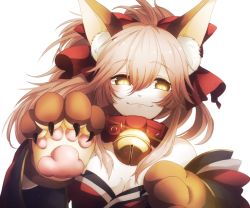 Rule 34 | 1girl, animal ears, animal hands, bad id, bad pixiv id, bare shoulders, bell, breasts, c cheshire, cat paws, cleavage, collar, detached sleeves, fate/grand order, fate (series), fox ears, fox tail, gloves, highres, jingle bell, large breasts, looking at viewer, neck bell, paw gloves, pink hair, simple background, smile, solo, tail, tamamo (fate), tamamo cat (fate), tamamo cat (first ascension) (fate), white background, yellow eyes