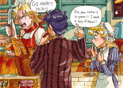 Rule 34 | 1girl, 2boys, apron, baguette, bakery, black hair, blonde hair, blue dress, blue eyes, blush, bread, brown jacket, chef hat, dio brando, dress, english text, erina pendleton, facing away, food, from behind, hands up, hat, holding, holding knife, jacket, jewelry, jojo no kimyou na bouken, jonathan joestar, juliet sleeves, knife, loaf of bread, long hair, long sleeves, multiple boys, necklace, open mouth, phantom blood, profile, puffy sleeves, red apron, red eyes, shadow, shop, short hair, smile, speech bubble, striped clothes, striped dress, track4444