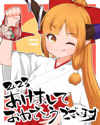 Rule 34 | 1girl, 2023, :q, alternate costume, blunt bangs, blush, bow, brown eyes, brown horns, closed mouth, commentary request, hair bow, highres, holding kettle, horns, ibuki suika, japanese clothes, kettle, kimono, long hair, looking at viewer, one eye closed, orange hair, red bow, sidelocks, smile, solo, tongue, tongue out, touhou, translation request, upper body, very long hair, white kimono, wide sleeves, yurari san