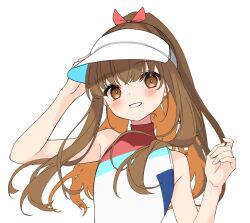 Rule 34 | 1girl, adjusting clothes, adjusting headwear, blush, bow, brown eyes, brown hair, code none, fate/grand order, fate (series), grin, hair bow, kishinami hakuno (female), long hair, looking at viewer, multicolored clothes, multicolored swimsuit, one-piece swimsuit, ponytail, red bow, smile, solo, swimsuit, visor cap