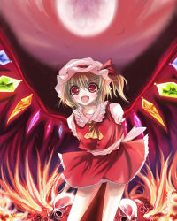 Rule 34 | 1girl, bad deviantart id, bad id, bat (animal), blonde hair, embodiment of scarlet devil, fang, female focus, fire, flandre scarlet, full moon, hat, highres, marionette (excle), moon, one side up, open mouth, outdoors, ponytail, red eyes, red sky, short hair, side ponytail, skull, sky, smile, solo, touhou, wings