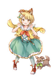 Rule 34 | 1girl, :d, animal, animal ears, blonde hair, blush, bone, brown eyes, cartoon bone, claw pose, collarbone, commentary request, dog, dog ears, dog girl, dog tail, erune, fang, flower, frilled skirt, frills, full body, garjana, granblue fantasy, green skirt, grey pantyhose, hair flower, hair ornament, hands up, jacket, mouth hold, neckerchief, open clothes, open jacket, open mouth, pantyhose, red footwear, red neckerchief, sailor collar, shirt, shoes, short eyebrows, short hair, short sleeves, simple background, skirt, smile, solo, standing, tail, thick eyebrows, vajra (granblue fantasy), wataame27, white background, white flower, white sailor collar, white shirt, wide sleeves, yellow jacket