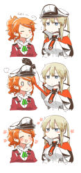 Rule 34 | 2girls, :t, ^ ^, aquila (kancolle), blonde hair, blue eyes, capelet, closed eyes, graf zeppelin (kancolle), hair between eyes, hat, high ponytail, jacket, kantai collection, long hair, long sleeves, military, military uniform, multiple girls, o o, open mouth, orange hair, peaked cap, pout, rebecca (keinelove), red jacket, short hair, sidelocks, smile, twintails, uniform
