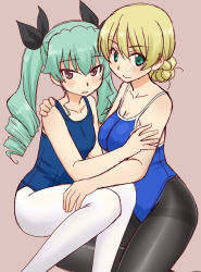Rule 34 | 2girls, anchovy (girls und panzer), bare shoulders, black legwear, blonde hair, blue one-piece swimsuit, blush, bow, braid, breasts, brown eyes, cleavage, collarbone, competition school swimsuit, darjeeling (girls und panzer), drill hair, girls und panzer, green eyes, green hair, hair bow, hug, legs, multiple girls, one-piece swimsuit, pantyhose, pantyhose under swimsuit, school swimsuit, simple background, smile, swimsuit, thighband pantyhose, thighs, twin drills, twintails, uona telepin, white legwear