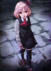Rule 34 | 1girl, :d, ascot, black skirt, black socks, black vest, blonde hair, commentary request, dated, full body, glitch, hair ribbon, kabi killer, long sleeves, looking at viewer, open mouth, red ascot, red eyes, red ribbon, ribbon, rumia, sharp teeth, shirt, short hair, signature, skirt, smile, socks, solo, standing, teeth, touhou, upper teeth only, vest, white shirt