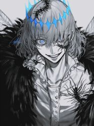 Rule 34 | 1boy, au (d elete), blue eyes, bug, centipede, cloak, collared shirt, crown, eyes visible through hair, fate/grand order, fate (series), looking at viewer, male focus, medium hair, oberon (fate), oberon (third ascension) (fate), parted lips, partially colored, shirt, signature, smile, solo, spider, spoilers