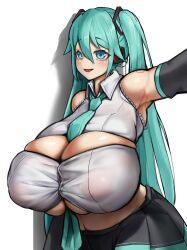 Rule 34 | 1girl, absurdres, bare shoulders, between breasts, black skirt, blue eyes, blue hair, blue necktie, breasts, bursting breasts, button gap, cleavage, covered erect nipples, curvy, female focus, hatsune miku, highres, huge breasts, impossible clothes, looking at viewer, matching hair/eyes, necktie, necktie between breasts, see-through, skindentation, skirt, solo, toy (wanju), twintails, underboob