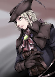 Rule 34 | 1girl, absurdres, blonde hair, bloodborne, bow, brown gloves, ascot, gggg, gloves, green eyes, hair bow, hat, hat feather, highres, lady maria of the astral clocktower, looking at viewer, ponytail, upper body