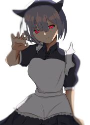 Rule 34 | 1girl, absurdres, apron, frilled apron, frills, highres, karyaorange, looking at viewer, maid, maid apron, maid headdress, non-web source, original, paw pose, red eyes, self-upload, smile, solo, waist apron, white hair