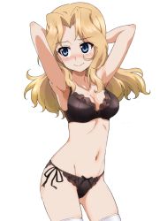 Rule 34 | 1girl, armpits, arms behind head, arms up, bare shoulders, black bra, black panties, blonde hair, blush, bow, bow bra, bow panties, bra, breasts, cleavage, closed mouth, collarbone, commission, cowboy shot, embarrassed, floral print, girls und panzer, hair intakes, highres, kay (girls und panzer), kayabakoro, lace, lace bra, lace panties, long hair, looking away, medium breasts, navel, panties, pixiv commission, presenting armpit, smile, thighhighs, underwear, white thighhighs