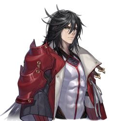 Rule 34 | 1boy, abs, armor, black hair, cleavage cutout, closed mouth, clothing cutout, coat, coat on shoulders, covered abs, hair between eyes, long hair, male focus, open clothes, open coat, original, pauldrons, qiongsheng, scratches, shoulder armor, simple background, single pauldron, solo