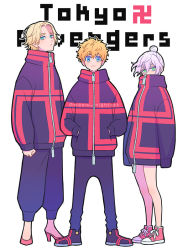Rule 34 | 1girl, 2boys, akashi senju, aqua eyes, black jacket, black pants, blonde hair, blue eyes, closed mouth, commentary, covering own mouth, frown, full body, hair bun, hanagaki takemichi, hands in pockets, inui seishu, jacket, long sleeves, looking at viewer, multiple boys, nightcat, pants, puffy long sleeves, puffy sleeves, red footwear, shoes, single hair bun, sneakers, symbol-only commentary, tokyo revengers, white hair, zipper, zipper pull tab