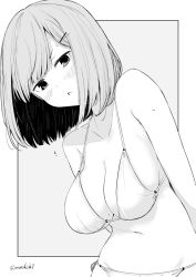 Rule 34 | 1girl, bikini, blush, breasts, collarbone, grey background, greyscale, hair ornament, hairclip, kichihachi, large breasts, looking at viewer, mole, mole on breast, monochrome, navel, original, short hair, simple background, solo, sweat, swimsuit, twitter username, two-tone background, white background