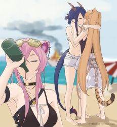 Rule 34 | 3girls, animal ears, arknights, arm around shoulder, beach, beach umbrella, bikini, bikini under clothes, black bikini, black collar, black one-piece swimsuit, blue sky, boat, bottle, casual one-piece swimsuit, ch&#039;en (arknights), ch&#039;en the holungday (arknights), closed eyes, collar, commentary, day, dragon girl, dragon horns, dragon tail, drinking, earrings, english commentary, eyewear on head, eyuffjaff, fire, folded ponytail, fur-tipped tail, hand in another&#039;s hair, hexagonal eyewear, holding, holding bottle, horns, jewelry, kiss, lin (arknights), long hair, meme, mouse ears, mouse girl, multiple girls, navel, official alternate costume, one-piece swimsuit, orange hair, outdoors, photo-referenced, pink hair, sand, shorts, sidelocks, sky, smoke, stomach, sunglasses, swimsuit, swire (arknights), tail, tail ornament, tail ring, tiger ears, tiger girl, tiger tail, umbrella, very long hair, water, watercraft, white shorts, yuri