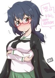 Rule 34 | 1girl, artist name, black eyes, black hair, black neckerchief, blouse, blush, bob (you-u-kai), breast hold, breasts, character name, closed mouth, commentary, crossed arms, dated, english text, flying sweatdrops, girls und panzer, glasses, green skirt, haori, happy birthday, head tilt, japanese clothes, light frown, long sleeves, looking at viewer, medium hair, messy hair, motion lines, neckerchief, ooarai school uniform, oryou (girls und panzer), pleated skirt, red-framed eyewear, school uniform, semi-rimless eyewear, serafuku, shirt, short ponytail, signature, simple background, skirt, solo, standing, translated, under-rim eyewear, upper body, white background, white shirt