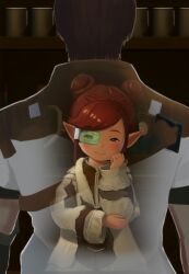 Rule 34 | 1boy, 1girl, adventurer (ff14), brown eyes, brown hair, commentary, cup, double bun, english commentary, final fantasy, final fantasy xiv, hair bun, hand on own face, hyur, jamjamstyle, lalafell, long sleeves, momodi modi, pointy ears, red hair, scanner, short hair, short sleeves, sleeves past wrists, smile, swept bangs, transparent, warrior of light (ff14)