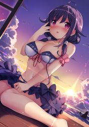 Rule 34 | 1girl, :o, ahoge, arm garter, bare legs, bare shoulders, bikini, bikini under clothes, black bow, black skirt, blush, bow, breasts, cleavage, clothes pull, cloud, collarbone, commentary request, dutch angle, ezoshika, frilled skirt, frills, front-tie bikini top, front-tie top, gradient sky, highres, kantai collection, large breasts, lens flare, long hair, looking at viewer, low twintails, nose blush, ocean, on floor, open mouth, pink eyes, pink ribbon, purple hair, red eyes, ribbon, rock, shiny skin, sitting, skirt, skirt pull, sky, solo, strap slip, sun, sunlight, swimsuit, taigei (kancolle), twilight, twintails, underboob, wariza, water, white bikini, wooden floor