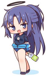 Rule 34 | 1girl, :d, black footwear, black shirt, blue archive, blue buruma, blue eyes, blue jacket, blush, bottle, breasts, buruma, chibi, colored shadow, full body, halo, hana kazari, highres, holding, holding bottle, jacket, lanyard, long hair, long sleeves, looking at viewer, off shoulder, open clothes, open jacket, open mouth, parted bangs, ponytail, puffy long sleeves, puffy sleeves, purple hair, shadow, shirt, shoes, simple background, small breasts, smile, solo, standing, track jacket, very long hair, water bottle, white background, yuuka (blue archive), yuuka (track) (blue archive)