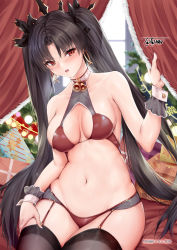Rule 34 | 1girl, bare shoulders, bell, black hair, black thighhighs, blush, breasts, christmas, christmas lights, christmas present, cleavage, cleavage cutout, clothing cutout, cuffs, earrings, fate/grand order, fate (series), garter straps, gift, hair ornament, hand on own thigh, highres, ishtar (fate), jewelry, large breasts, lingerie, long hair, navel, navel cutout, neck bell, open mouth, red eyes, shiny clothes, sitting, thighhighs, thighs, toyoman, underwear