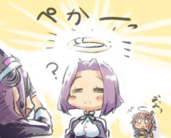 Rule 34 | 10s, 3girls, = =, ?, bad id, bad pixiv id, covering own eyes, engiyoshi, eyepatch, fluorescent lamp, gloves, glowing, hair ornament, halo, headgear, i-58 (kancolle), kantai collection, mechanical halo, multiple girls, open mouth, purple hair, school swimsuit, school uniform, serafuku, short hair, smile, swimsuit, swimsuit under clothes, tatsuta (kancolle), tenryuu (kancolle)