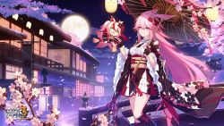 Rule 34 | 2girls, animal ears, architecture, artist request, bad id, bad pixiv id, blue eyes, cherry blossoms, commentary request, east asian architecture, ff12138, fox ears, fox tail, hair ornament, highres, higokumaru, holding, holding umbrella, honkai (series), honkai impact 3rd, japanese clothes, japanese house, kimono, moon, multiple girls, official art, oil-paper umbrella, open mouth, pink hair, red hair, tail, umbrella, yae sakura