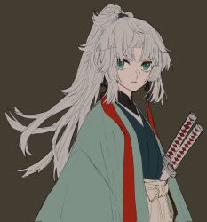 Rule 34 | 1girl, brown background, commentary request, corrupted twitter file, fate/samurai remnant, fate (series), green eyes, grey hair, haori, highres, japanese clothes, katana, kimono, long hair, looking at viewer, ponytail, sheath, sheathed, simple background, solo, sword, very long hair, weapon, yui shousetsu (fate), yumeko (fgo39625963)