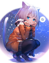 Rule 34 | 1girl, :t, anger vein, animal ear fluff, animal ears, black pantyhose, blue eyes, brown footwear, brown scarf, brown skirt, cat ears, cat girl, cat tail, closed mouth, commentary request, fringe trim, highres, jacket, looking at viewer, orange jacket, original, pantyhose, plaid, plaid scarf, plaid skirt, pleated skirt, pout, rk (rktorinegi), scarf, shoes, silver hair, skirt, snow, solo, spoken anger vein, squatting, tail, tail raised, v-shaped eyebrows