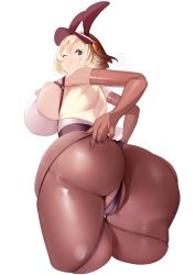 Rule 34 | animal ears, ass, ass focus, azur lane, blonde hair, blue eyes, breasts, california (azur lane), hand on own ass, highres, huge ass, huge breasts, large breasts, leotard, one eye closed, pantyhose, playboy bunny, rabbit ears, rabbit tail, solo, tagme, tail, thighs, white background