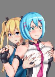 Rule 34 | 2girls, aqua eyes, arm warmers, artist request, bare shoulders, blonde hair, blue eyes, blue hair, blush, grabbing another&#039;s breast, breasts, dead or alive, dead or alive 6, deep skin, embarrassed, fingerless gloves, gloves, grabbing, hair ornament, hair ribbon, hairclip, highres, large breasts, leotard, long hair, marie rose, multiple girls, naughty face, necktie, nico (doa), open mouth, ribbon, shiny clothes, shiny skin, short hair, smile, surprised, sweat, torn clothes, twintails, wavy mouth, yuri
