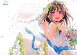 Rule 34 | 1girl, absurdres, blush, bouquet, breasts, bridal veil, dress, earrings, eretto, flower, highres, holding, holding bouquet, jewelry, looking at viewer, medium breasts, open mouth, original, scan, smile, solo, veil, wedding dress, white dress