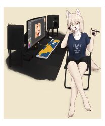 Rule 34 | 1girl, :3, animal ear fluff, animal ears, animal hands, animal nose, artist name, barefoot, bike shorts, blonde hair, blue shirt, blush, body fur, border, chair, clock, clothes writing, collarbone, crossed legs, digital clock, drawing tablet, english text, engrish text, fangs, female focus, folding chair, fox ears, fox girl, fox tail, full body, furry, furry female, hands up, happy, highres, holding, holding stylus, jeifier (korfiorano01), keyboard (computer), legs, light blush, long hair, looking at viewer, monitor, on chair, open mouth, original, pawpads, pogchamp (meme), ranguage, shirt, short sleeves, sidelocks, signature, sitting, smile, solo, speaker, stylus, swept bangs, tail, teeth, textless version, thighs, tongue, twitter username, two-tone fur, white border, white fur, yellow background, yellow eyes, yellow fur