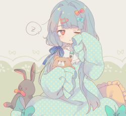 Rule 34 | 1girl, alternate costume, alternate hairstyle, blue hair, blue pajamas, blunt bangs, blush, bow, chipochopo324, commentary request, frilled sleeves, frills, hair bow, hair intakes, hair ornament, hair over shoulder, hairclip, highres, kotonoha aoi, long hair, long sleeves, looking at viewer, low twintails, multiple hair bows, one eye closed, pajamas, parted lips, pillow, polka dot, polka dot pajamas, puffy long sleeves, puffy sleeves, rubbing eyes, sleepy, sleeves past fingers, sleeves past wrists, solo, spoken zzz, stuffed animal, stuffed rabbit, stuffed toy, teardrop, twintails, voiceroid, zzz