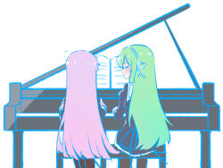 Rule 34 | 2girls, assault lily, banshouya ena, black skirt, blush, bow hairband, brown pantyhose, closed eyes, facing away, feet out of frame, flying sweatdrops, frilled skirt, frills, from behind, grand piano, hair ribbon, hairband, hand up, hands up, highres, instrument, juliet sleeves, long hair, long sleeves, looking at another, miniskirt, multiple girls, music, open mouth, pantyhose, piano, piano bench, playing instrument, playing piano, profile, puffy sleeves, purple hair, ribbon, school uniform, sheet music, sidelocks, simple background, sitting, skirt, smile, tanaka ichi, teisuu, very long hair, white background, white hairband, white ribbon, yurigaoka girls academy school uniform