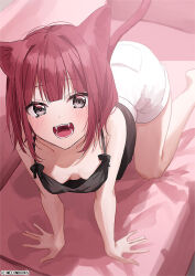 Rule 34 | 1girl, animal ears, arm support, bare shoulders, barefoot, black eyes, blush, breasts, cat ears, cat girl, cat tail, chigusa minori, cleavage, collarbone, downblouse, fangs, from above, looking at viewer, medium breasts, open mouth, original, purple hair, short hair, shorts, solo, spaghetti strap, tail, teeth, white shorts