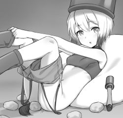 Rule 34 | 1girl, absurdres, ass, blush, breasts, clothes pull, erica hartmann, explosive, fankupl, grenade, greyscale, highres, looking at viewer, monochrome, navel, no panties, open mouth, short hair, shorts, shorts pull, small breasts, solo, sports bra, strike witches, world witches series